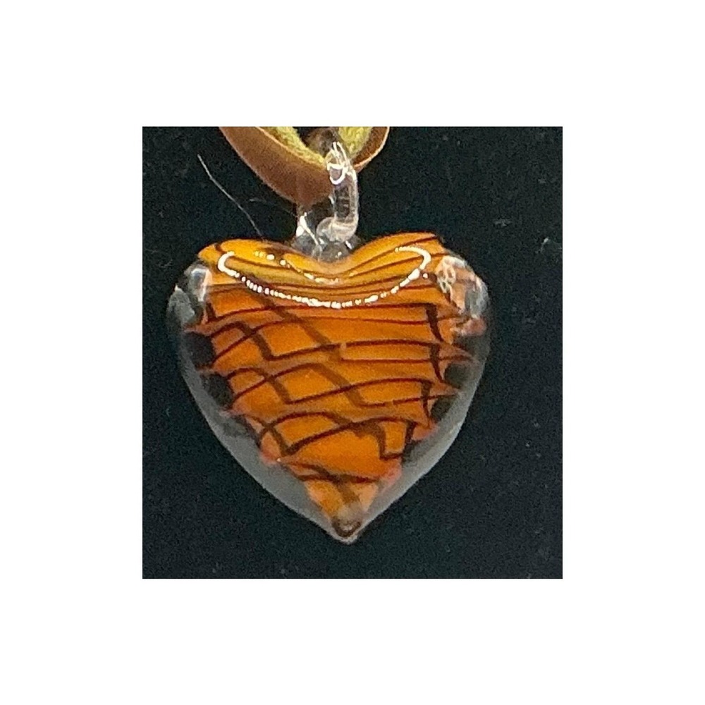 Heart Shaped Amber Glass Pendant Necklace Orange Ribbon Cord